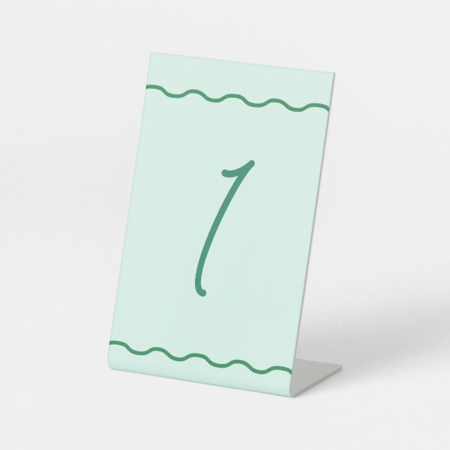 Mint Wavy Retro Wedding Table Number Pedestal Sign (Front)