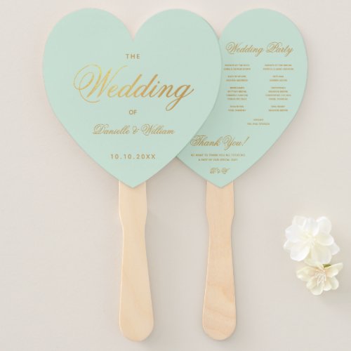 Mint Wedding Program Faux Gold Script Green Heart Hand Fan