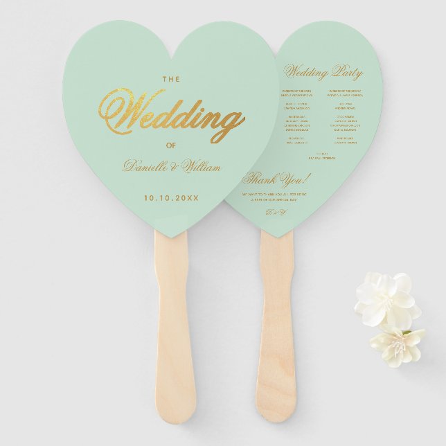 Mint Wedding Program Faux Gold Script Green Heart Hand Fan (Front and Back)