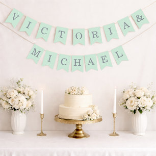Mint Wedding Simple Green Gray Bride & Groom Names Bunting Flags