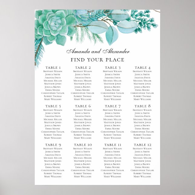 Mint wedding. Watercolor succulents seating chart (Front)