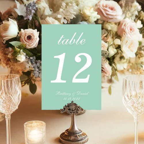 Mint Wedding White Script Calligraphy Simple Green Table Number