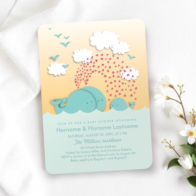 Mint Whales Sunset Neutral Couples Baby Shower Invitation (Creator Uploaded)