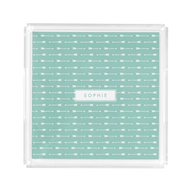 Mint & White Arrows Pattern Personalized Acrylic Tray (Front)
