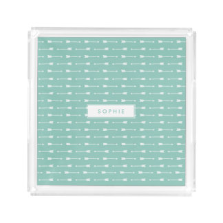 Mint & White Arrows Pattern Personalized Serving Tray