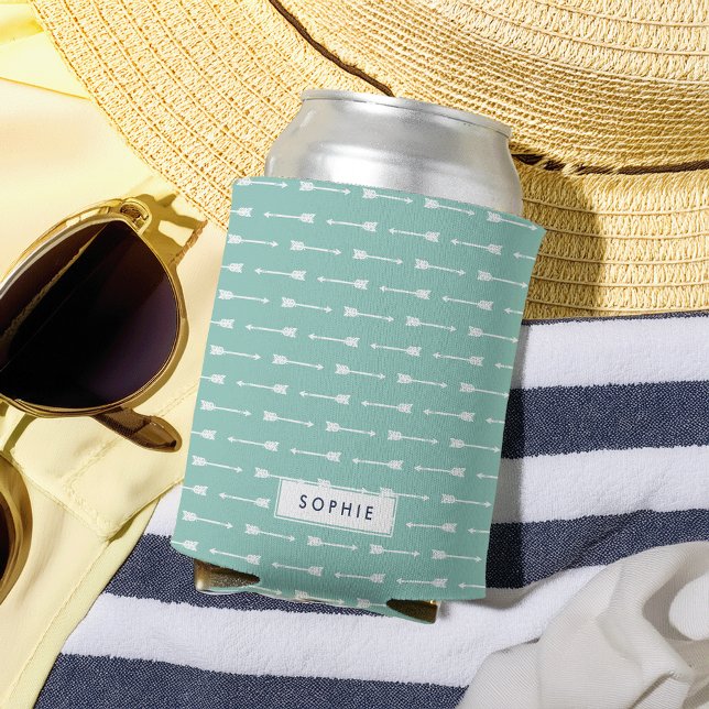 Mint & White Arrows Personalized Can Cooler (Creator Uploaded)