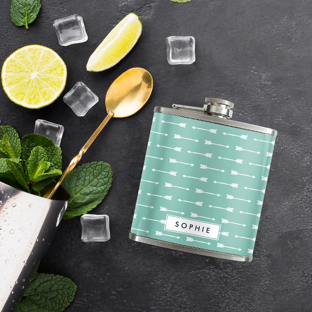 Mint & White Arrows Personalized Flask (Creator Uploaded)