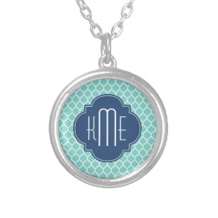 Mint White Blue Moroccan Quatrefoil Monogram Silver Plated Necklace