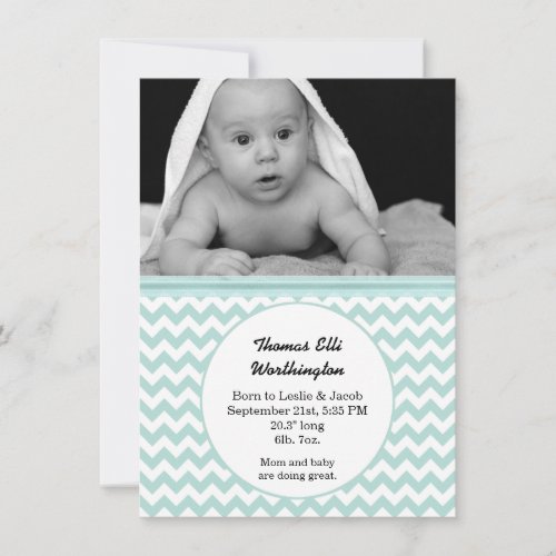 Mint &amp; White Chevron Baby Birth Announcement