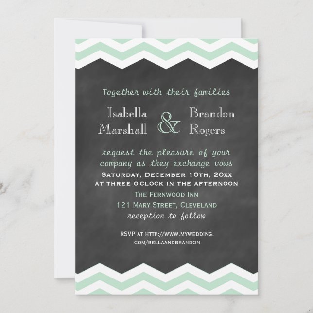 Mint & White Chevron Chalkboard Wedding Invitation (Front)