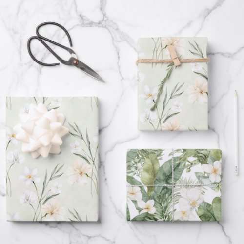 Mint White Cream Hibiscus Floral Bridal Shower Wrapping Paper Sheets