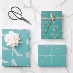 Mint White Diamond High Heel Shoes Wedding Wrapping Paper Sheets