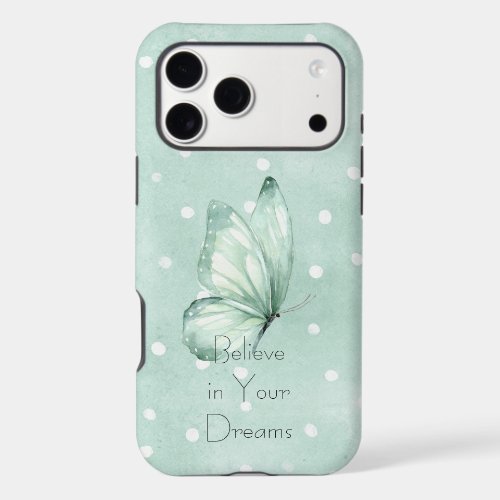 Mint White Dots Butterfly Believe iPhone 17 Pro Max Case