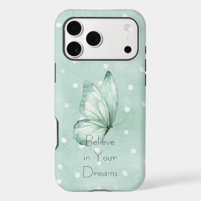 Mint White Dots Butterfly Believe Case-Mate iPhone Case (Back)