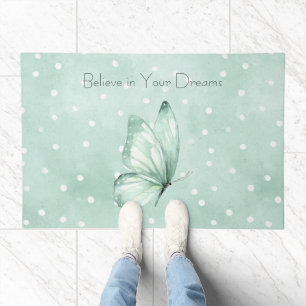 Mint White Dots Butterfly Believe Doormat