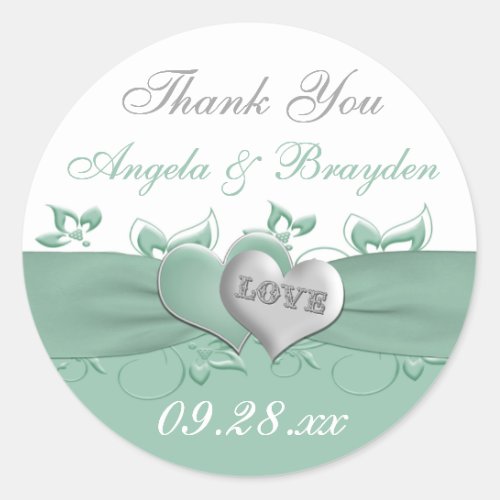 Mint White Floral Hearts Wedding Favor Sticker