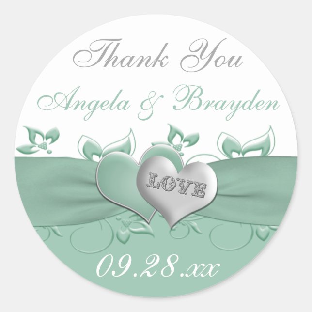 Mint, White Floral Hearts Wedding Favor Sticker (Front)