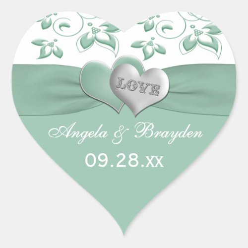 Mint White Floral Hearts Wedding Favor Sticker