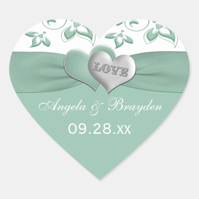 Mint, White Floral Hearts Wedding Favor Sticker (Front)