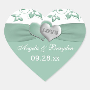 Mint, White Floral Hearts Wedding Favor Sticker