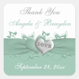 Mint, White Floral Hearts Wedding Favor Sticker
