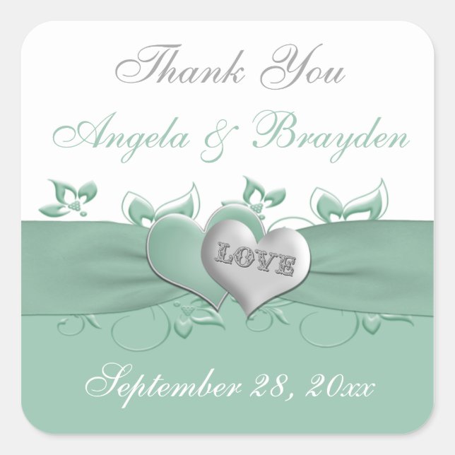 Mint, White Floral Hearts Wedding Favor Sticker (Front)