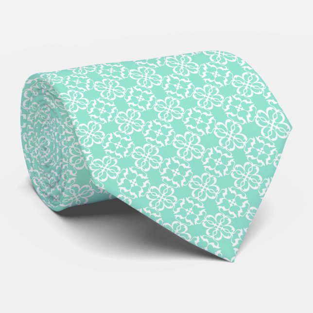 Mint & White Floral Lattice Pattern Neck Tie (Rolled)