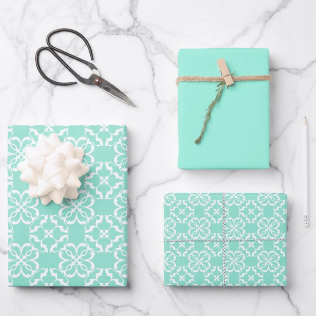 Mint & White Floral Lattice Pattern Wrapping Paper Sheets (Front)