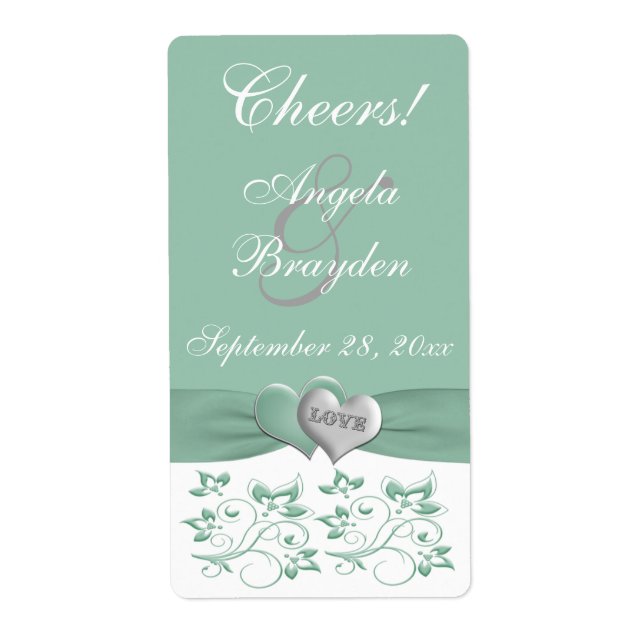 Mint, White Floral PRINTED Ribbon Wedding Label (Front)