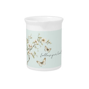 Mint White Flowers Butterflies Beverage Pitcher