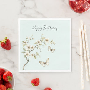 Mint White Flowers Butterflies Birthday Napkins