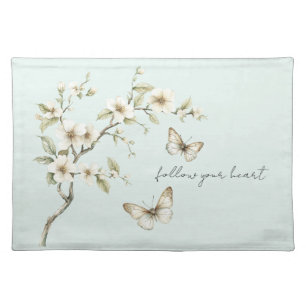 Mint White Flowers Butterflies Cloth Placemat