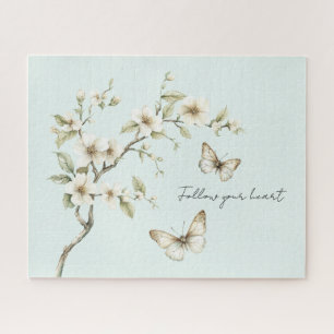 Mint White Flowers Butterflies Jigsaw Puzzle