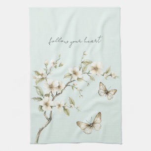 Mint White Flowers Butterflies Kitchen Towel
