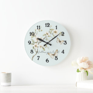 Mint White Flowers Butterflies Large Clock