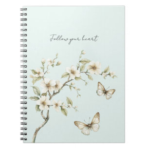 Mint White Flowers Butterflies Notebook