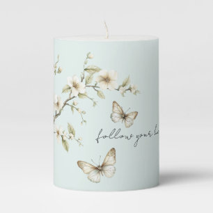 Mint White Flowers Butterflies Pillar Candle