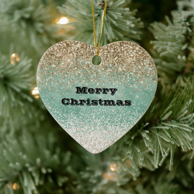 Mint White Glam Gold Sparkle Glitter Ceramic Ornament (Tree)