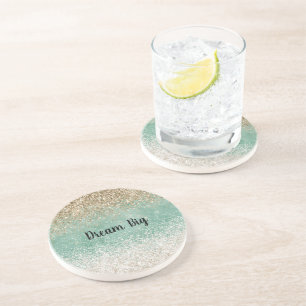 Mint White Glam Gold Sparkle Glitter Coaster