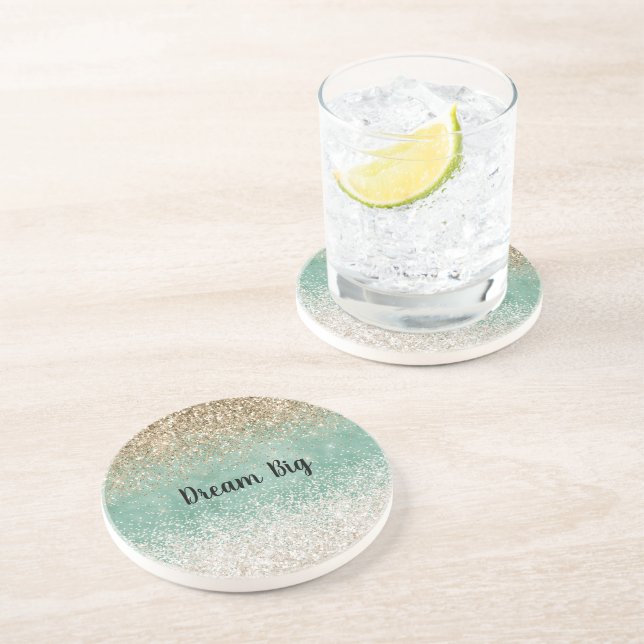 Mint White Glam Gold Sparkle Glitter Coaster (Side)