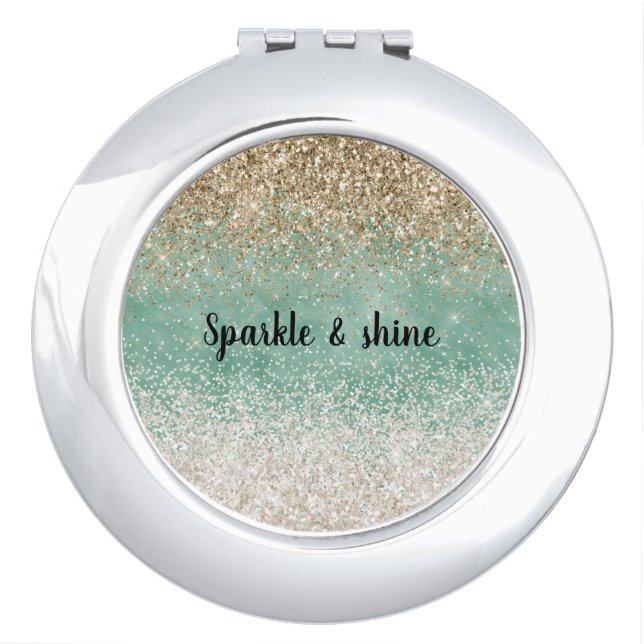 Mint White Glam Gold Sparkle Glitter Compact Mirror (Front)