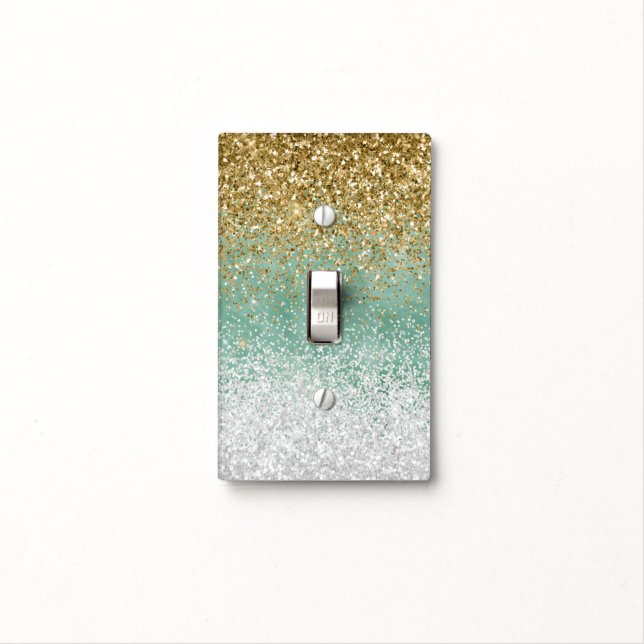 Mint White Glam Gold Sparkle Glitter Light Switch Cover (In Situ)