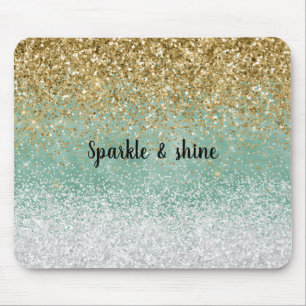 Mint White Glam Gold Sparkle Glitter Mouse Pad