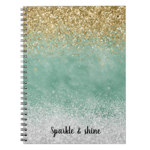Mint White Glam Gold Sparkle Glitter Notebook