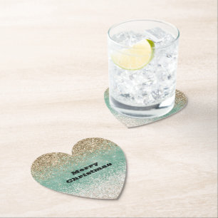 Mint White Glam Gold Sparkle Glitter Paper Coaster