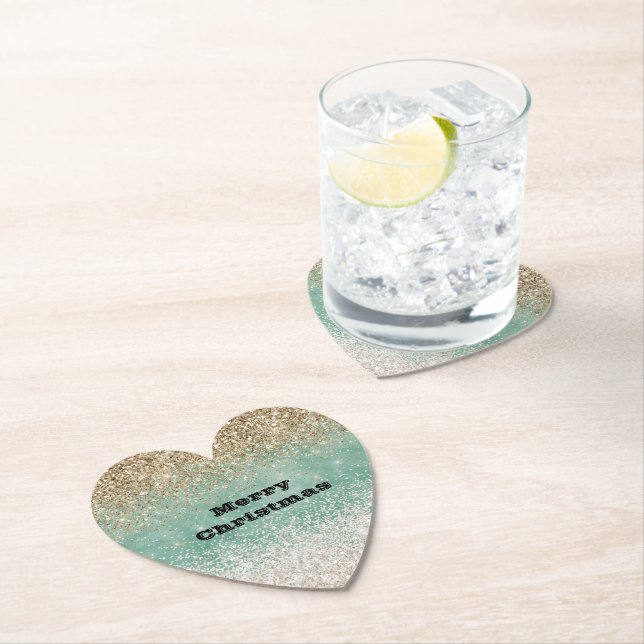 Mint White Glam Gold Sparkle Glitter Paper Coaster (Insitu)