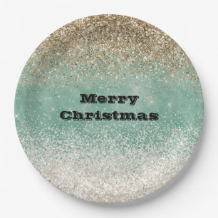 Mint White Glam Gold Sparkle Glitter Paper Plates