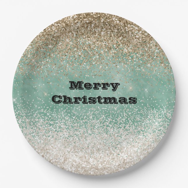 Mint White Glam Gold Sparkle Glitter Paper Plates (Front)