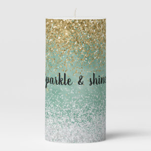 Mint White Glam Gold Sparkle Glitter Pillar Candle