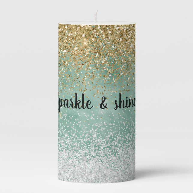 Mint White Glam Gold Sparkle Glitter Pillar Candle (Front)